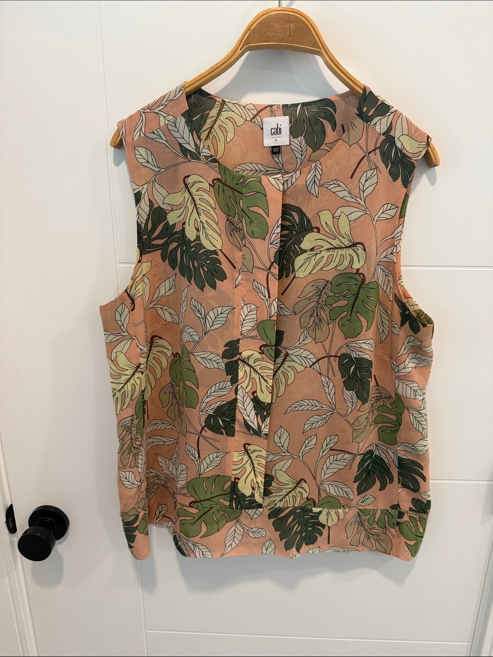 CAbi Peach Tropical Leaf Button-Front Sleeveless Top